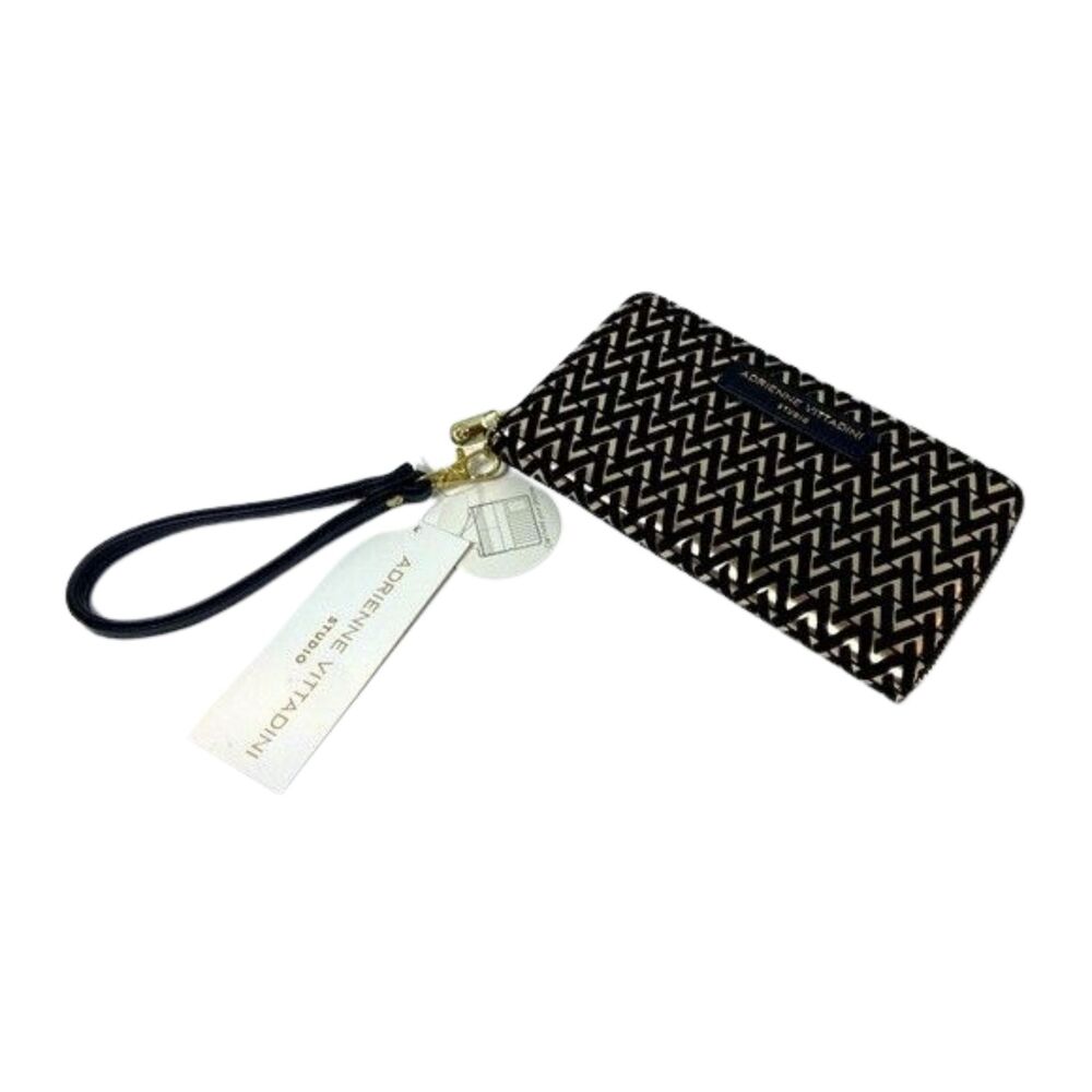 NWT Adrienne Vittadini Mobwife Black White Velvet Zip Around Wristlet Wallet